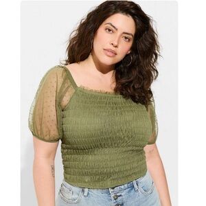 Dot Mesh Square Neck Smocked Crop Top